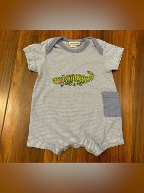 Cach Cach Embroidered Crocodile Blue Stripe Short Sleeve Romper